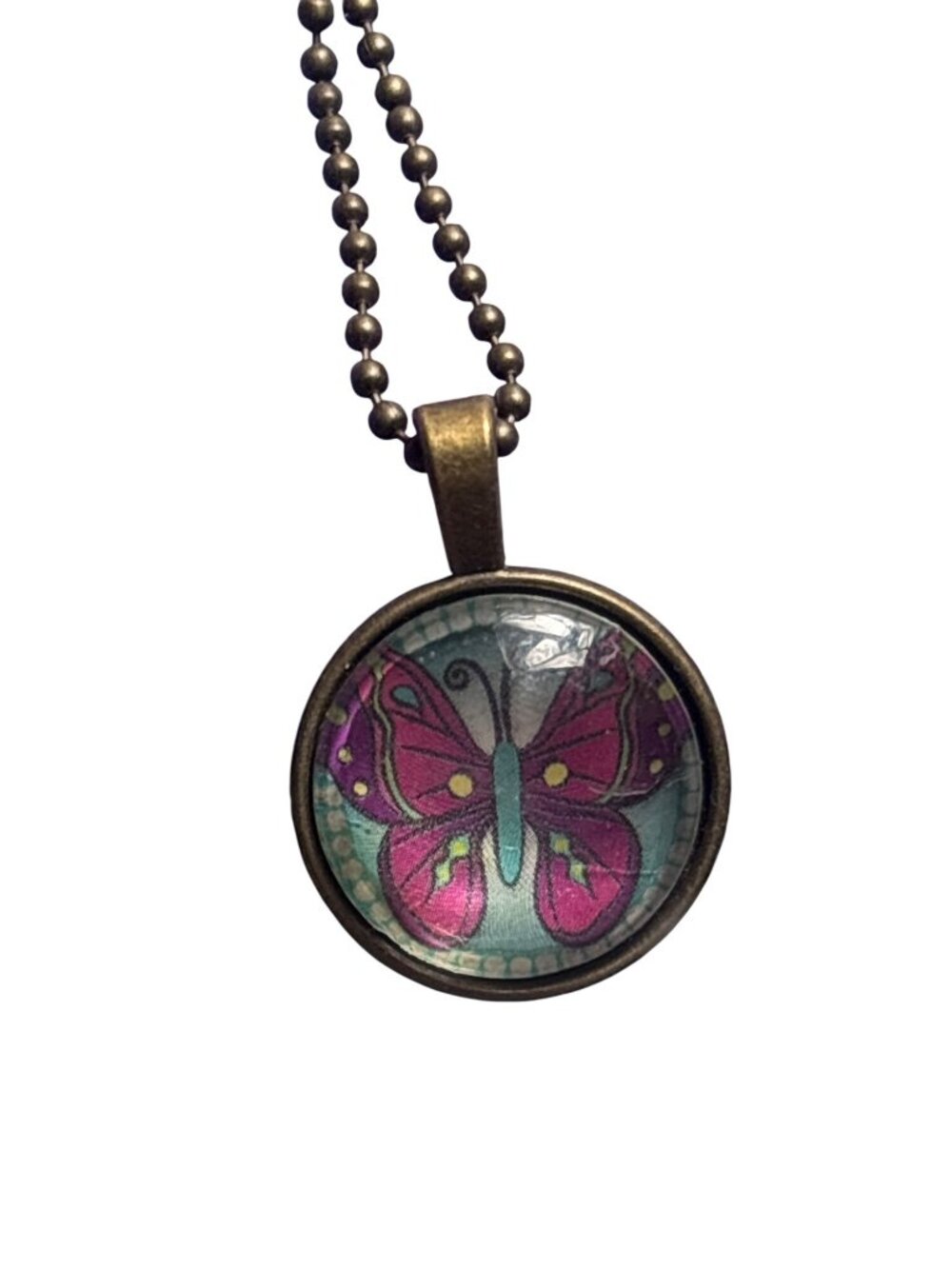 Colorful Butterfly Glass Dome Pendant Brass Color Ball Chain 29 inches